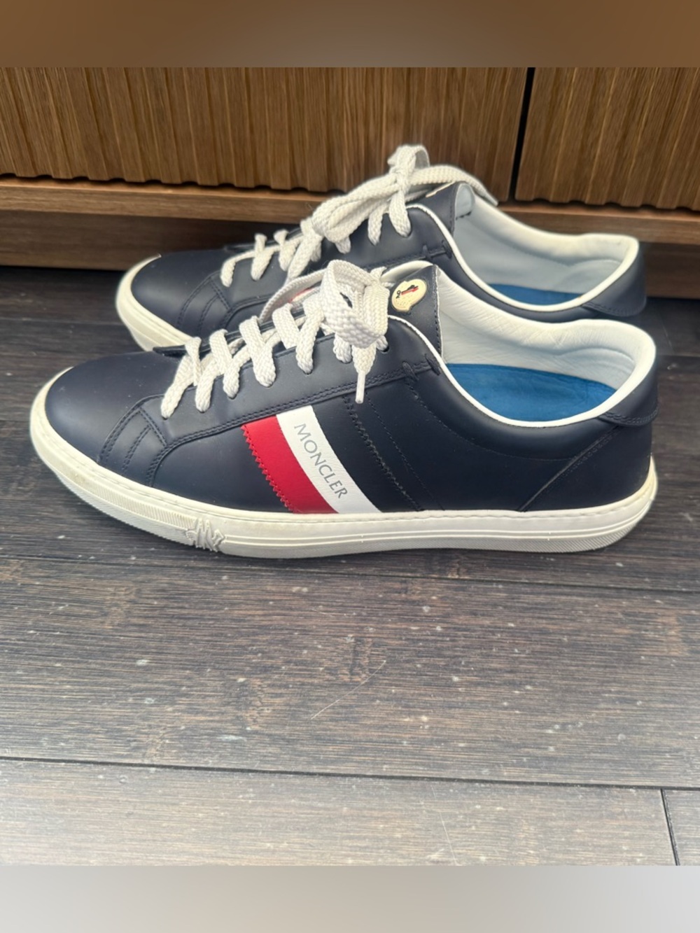 AUTHENTIC MONCLER MENS NEW MONACO LEATHER SNEAKERS, SIZE EU 43.5 (US 10.5), NAVY - Picture 5 of 16